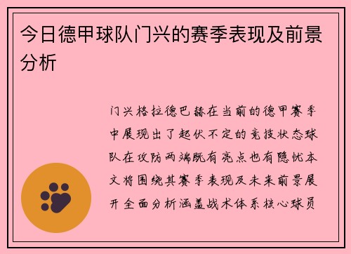 今日德甲球队门兴的赛季表现及前景分析