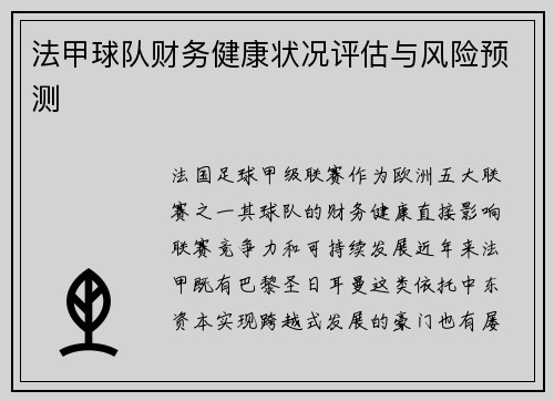 法甲球队财务健康状况评估与风险预测